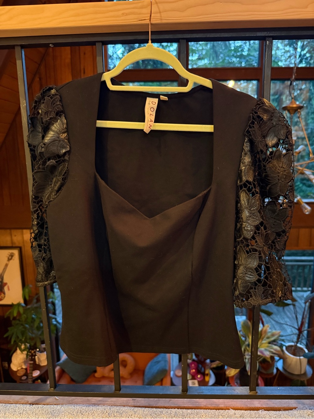 dolan Black Blouse with Lace Floral Puff Sleeves